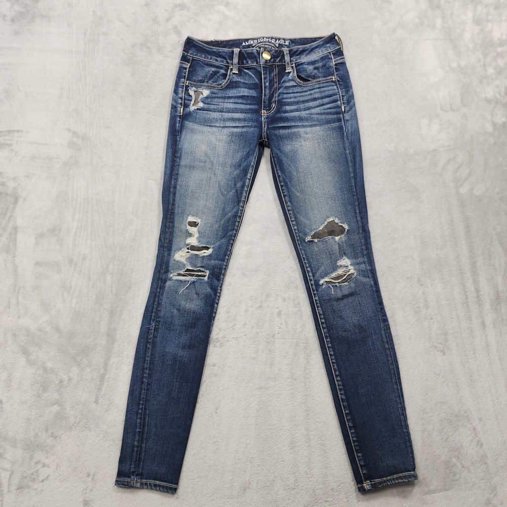 American Eagle Jeans Womens 4 Blue Super Stretch Jegging Distressed Patched